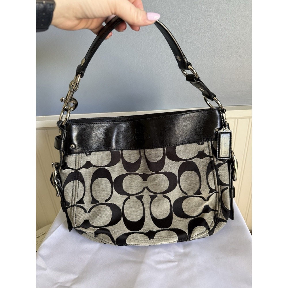 Coach Zoe Hobo Shoulder Bag Purse Black Signature C Canvas Handbag